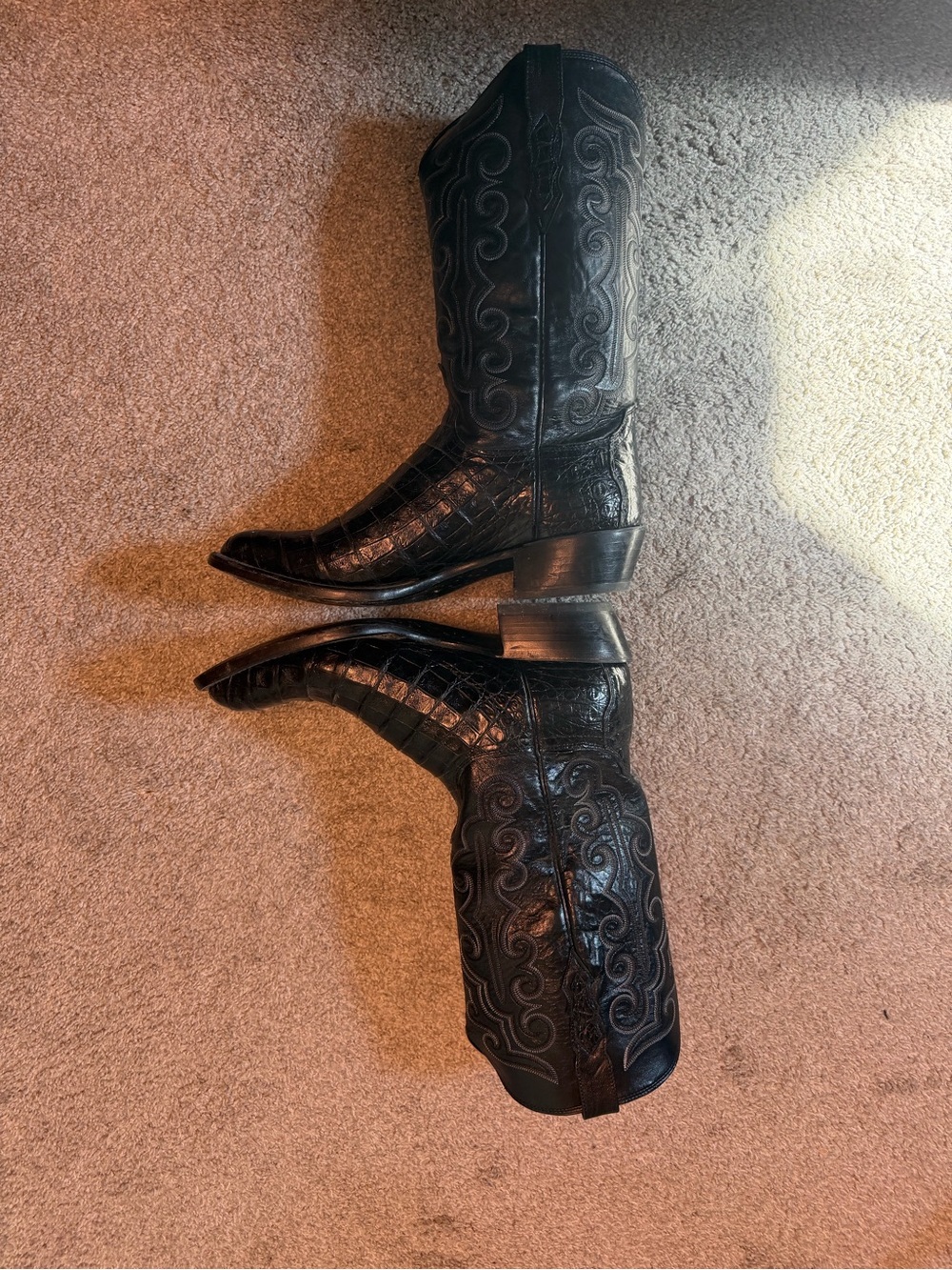 Lucchese Black Croc-Embossed Western Boots with Decorative Stitching